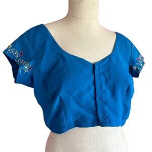 Womens Top Size Medium Blue Handmade Detailed Embroidery Crop Open Back Handsew